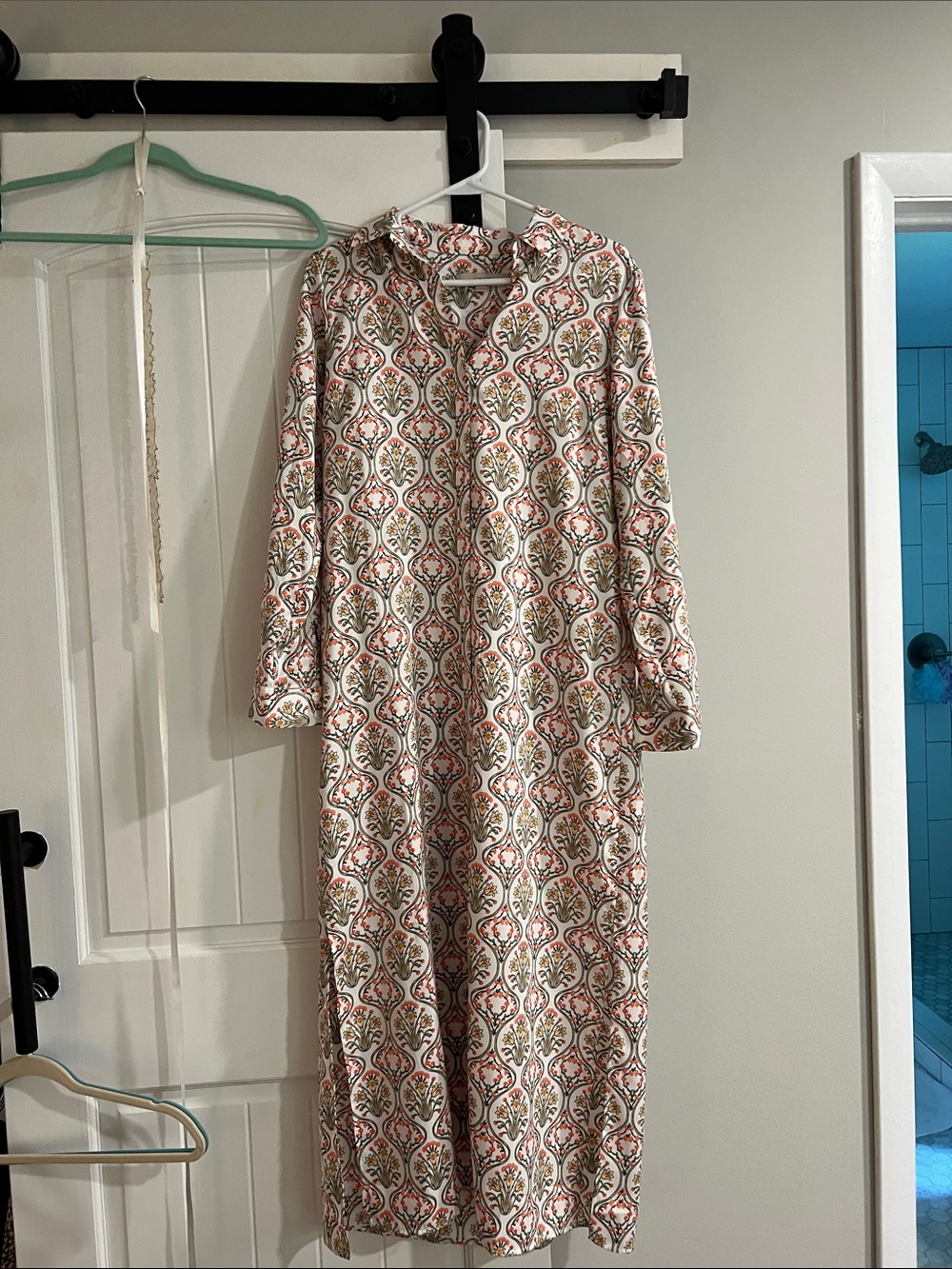 LOFT Long Sleeve Floral Midi Dress in Cream and Pink